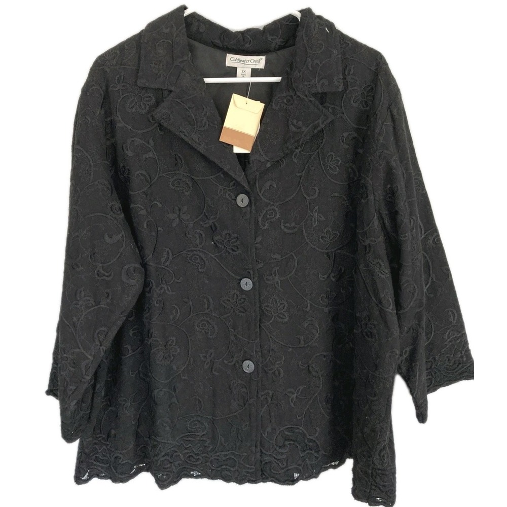 Vtg Coldwater Creek Jacket Women 2X Black Floral Embroidered Lined Blazer NWT